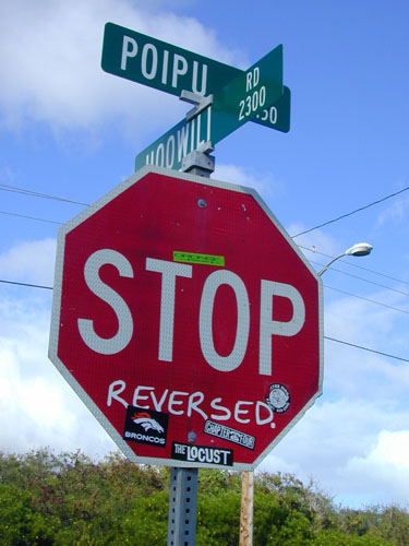 Biky Bold on stop sign Kauai